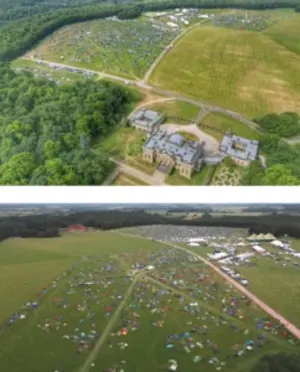 aerial shot of the farmyard party site